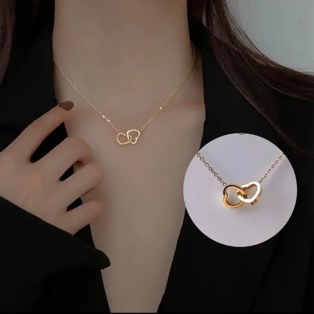 Simple Double Heart Pendant Necklace for Women Couple Stainless Steel - Picture 1 of 6